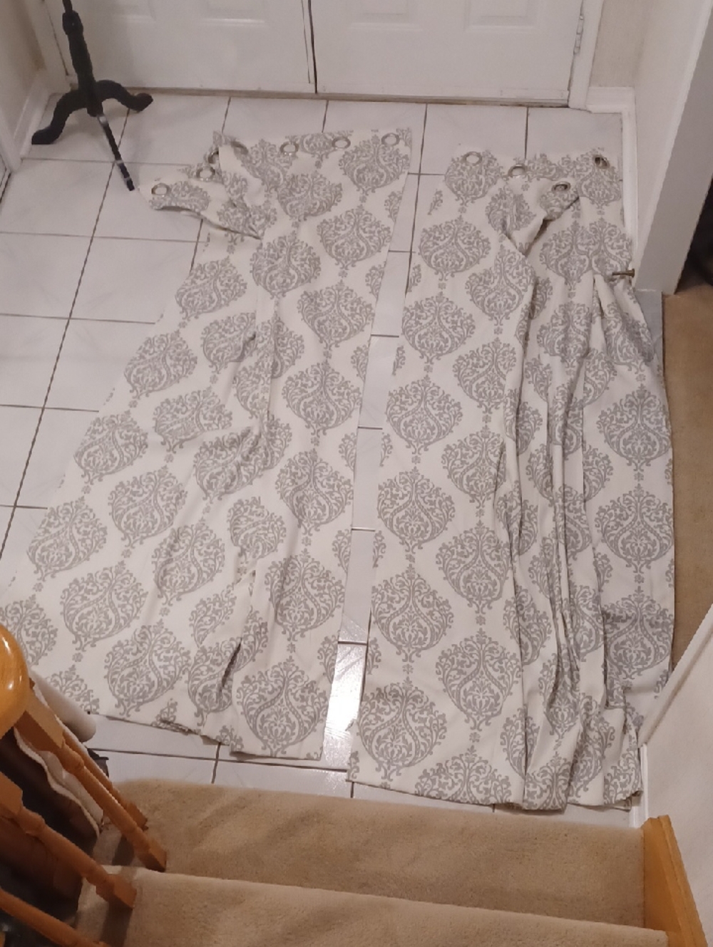 4/$80 Long White Curtains With Elegant Gray Pattern & Grommets - Set Of 2